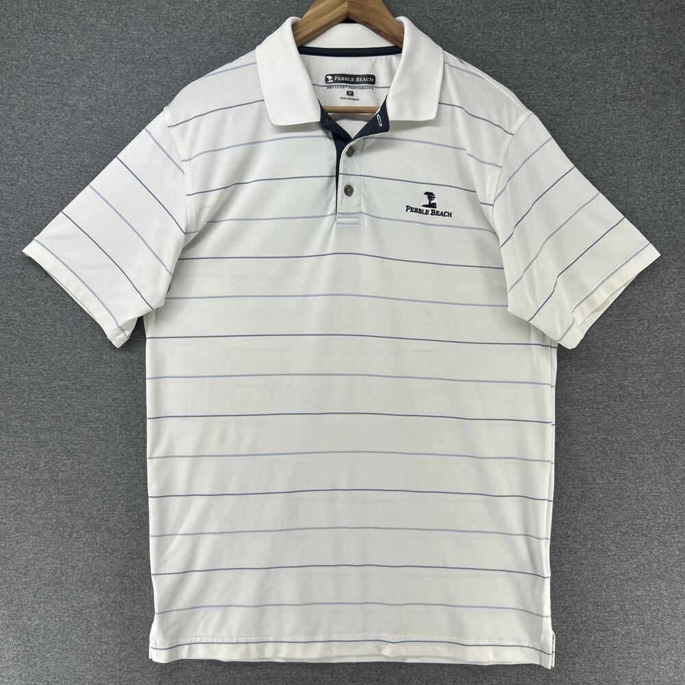 Pebble Beach Golf Polo Shirt Mens Medium White Blue Striped Dry Luxe Performance